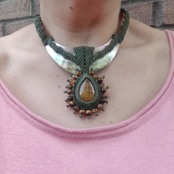 OOAK Artisan Macrame Necklace with Genuine Mother of Pearl and Tiger Eye Stones - Picture 2 of 13